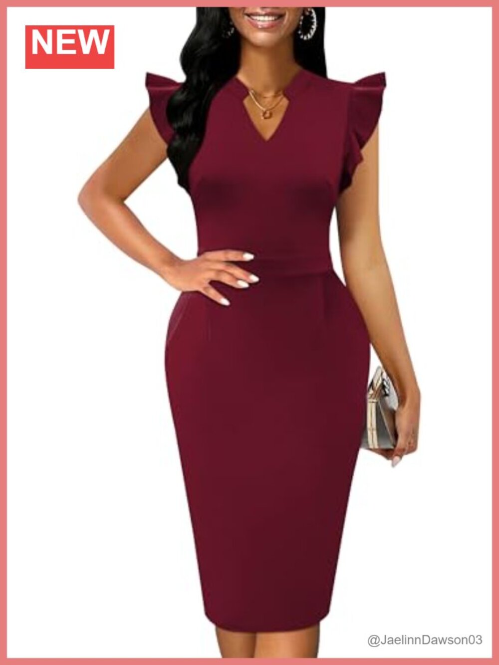 Ruffle Sleeve V Neck Knee Length Pencil Business Work Dress with Pockets